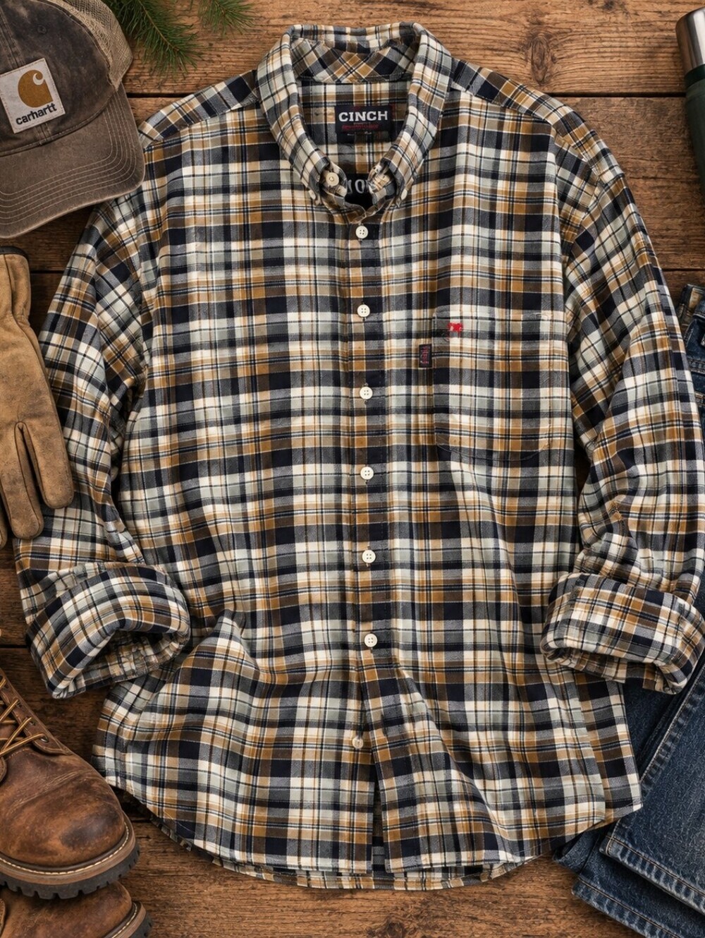 Cinch WRX Brown Plaid Heavy Cotton FR NWOT Button Up Workwear Shirt. Mens 2XL T
